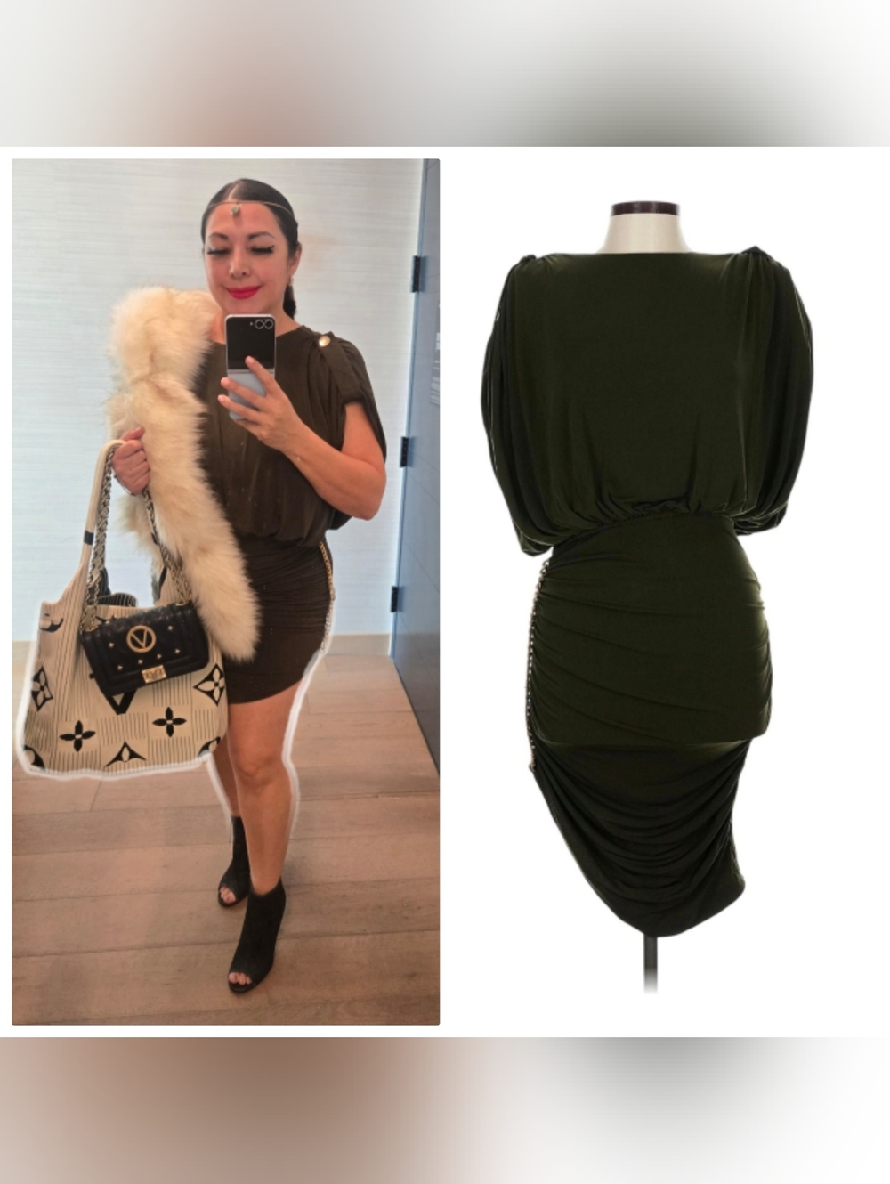 RETROFETE Olive Green Draped Waist Midi Dress with Chain Detail- Size Large